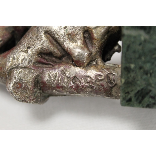 298 - 20th century cast bronze figure of a mother and child mounted on rectangular green marble plinth bas... 