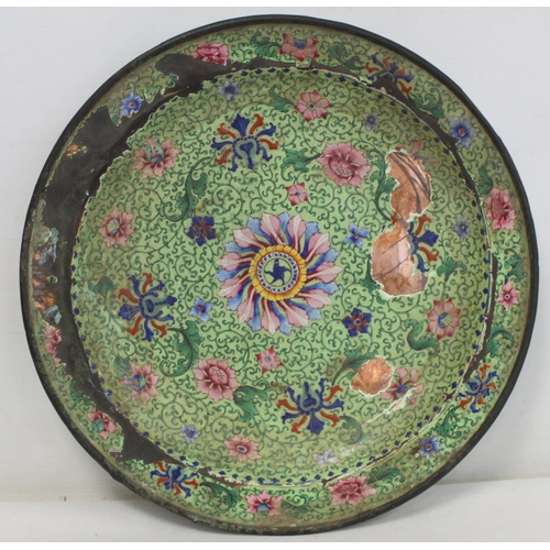 299 - Chinese Canton enamel circular charger with floral decoration, a.f., 39cm diam.; cloisonné va... 