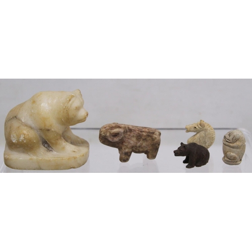 316 - Small carved soapstone figure of a bear, 6cm high; naïve carved stone figure of a ram, 5cm long... 