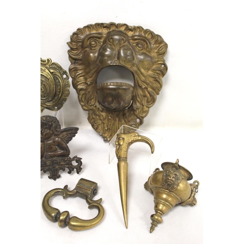 318 - Small collection of metalware including: antique brass lion mask billiard table ball return, 22cm hi... 