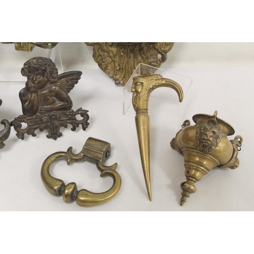 318 - Small collection of metalware including: antique brass lion mask billiard table ball return, 22cm hi... 