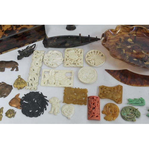 328 - Box of miscellanea including: items of simulated tortoiseshell and various metal and composite plaqu... 