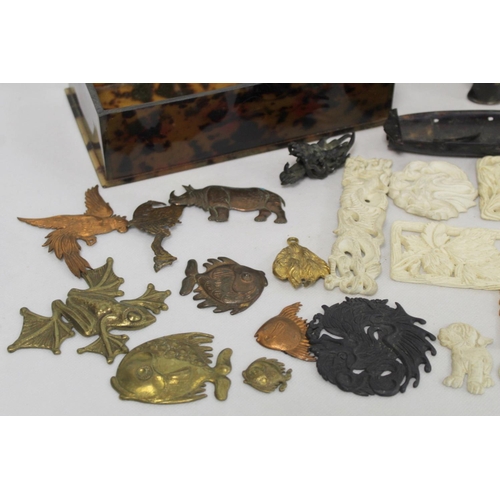 328 - Box of miscellanea including: items of simulated tortoiseshell and various metal and composite plaqu... 