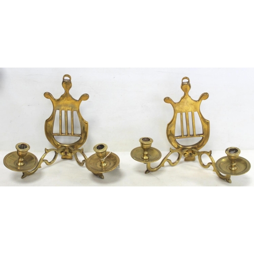 330 - Pair of 18th century cast brass candle wall sconces with pierced lyre backs, each with twin sconces ... 