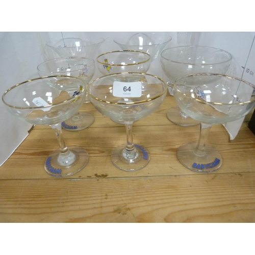 87 - Five Babycham glasses, pair of champagne glasses and another etched champagne glass, Bohemia cut gla... 