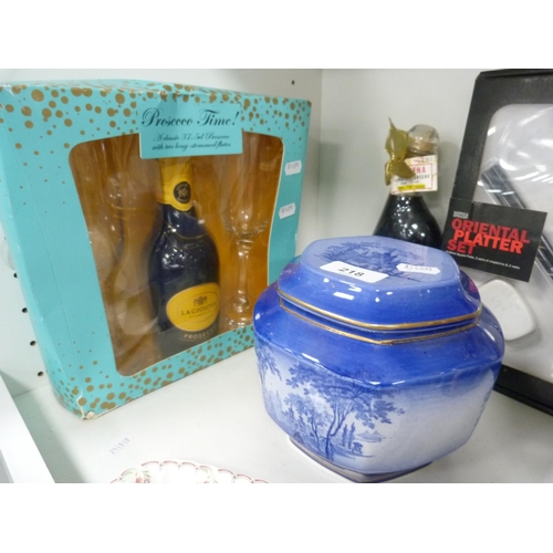 157 - Staffordshire flow blue-style octagonal biscuit box with cover, prosecco gift set with glasses, orie... 
