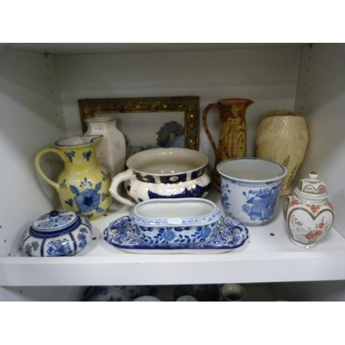 166 - Part Johnson Bros dinner service, modern blue and white jardinière, chamber pot, jug, vases, ... 