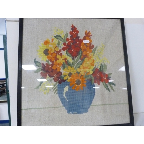 172 - After Vernon WardPrint, and a needlework still life of flowers in a vase.  (2)... 