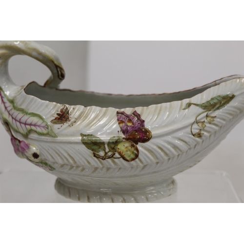 522 - 18th century English porcelain cos lettuce leaf moulded sauce boat with naturalistic branch scroll h... 