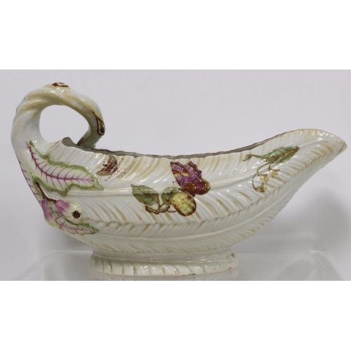 522 - 18th century English porcelain cos lettuce leaf moulded sauce boat with naturalistic branch scroll h... 