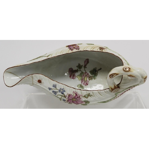 522 - 18th century English porcelain cos lettuce leaf moulded sauce boat with naturalistic branch scroll h... 