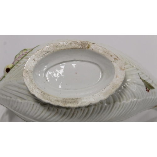 522 - 18th century English porcelain cos lettuce leaf moulded sauce boat with naturalistic branch scroll h... 