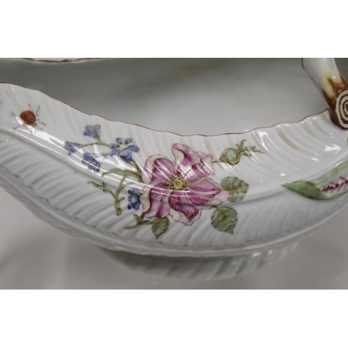 522 - 18th century English porcelain cos lettuce leaf moulded sauce boat with naturalistic branch scroll h... 