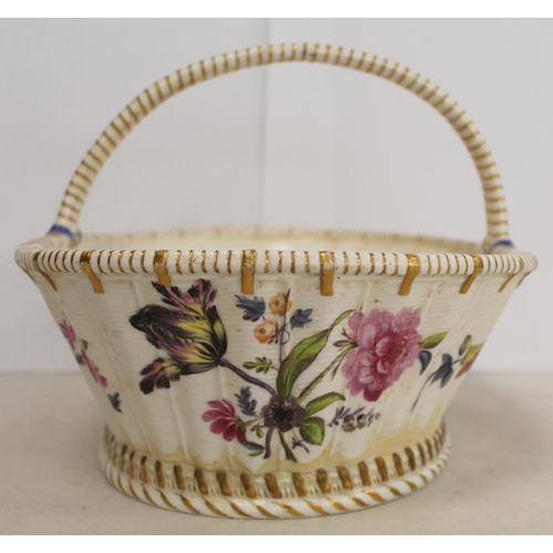 523 - 18th century English large porcelain basket of single handled oval form with basket weave effect gro... 