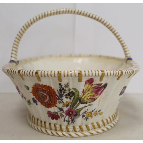 523 - 18th century English large porcelain basket of single handled oval form with basket weave effect gro... 