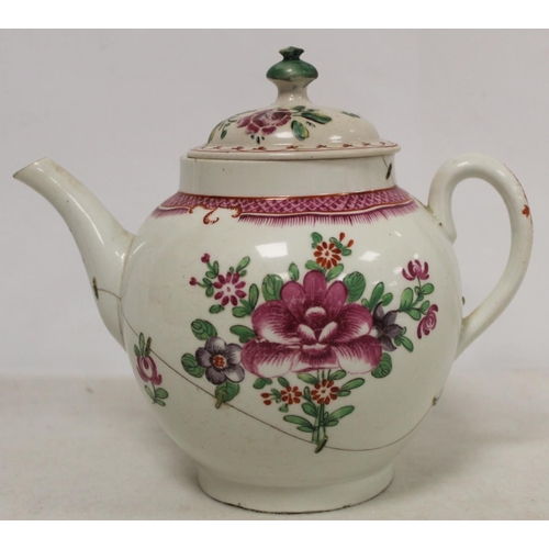 526 - 18th century English porcelain teapot of globular form decorated with polychrome enamel floral spray... 