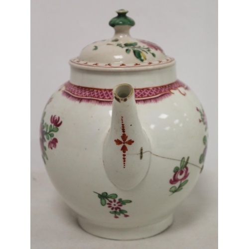 526 - 18th century English porcelain teapot of globular form decorated with polychrome enamel floral spray... 