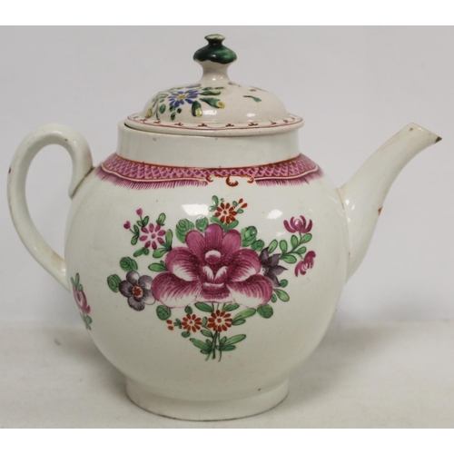 526 - 18th century English porcelain teapot of globular form decorated with polychrome enamel floral spray... 