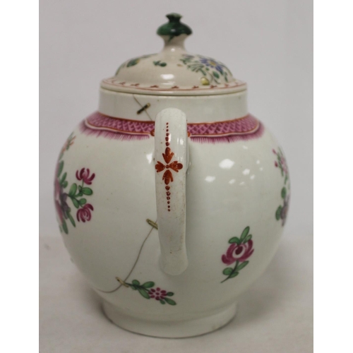 526 - 18th century English porcelain teapot of globular form decorated with polychrome enamel floral spray... 