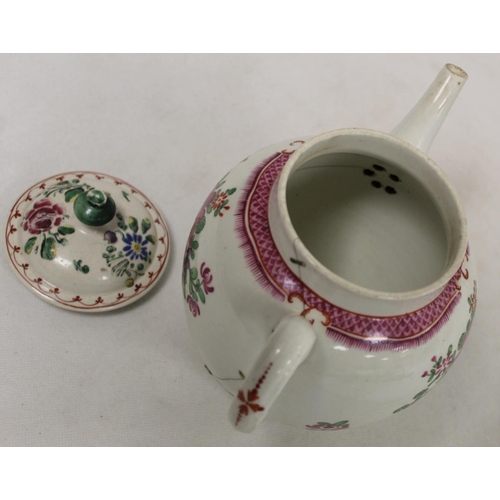 526 - 18th century English porcelain teapot of globular form decorated with polychrome enamel floral spray... 