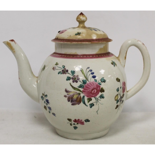 526 - 18th century English porcelain teapot of globular form decorated with polychrome enamel floral spray... 