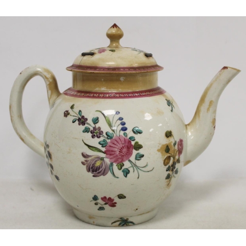 526 - 18th century English porcelain teapot of globular form decorated with polychrome enamel floral spray... 