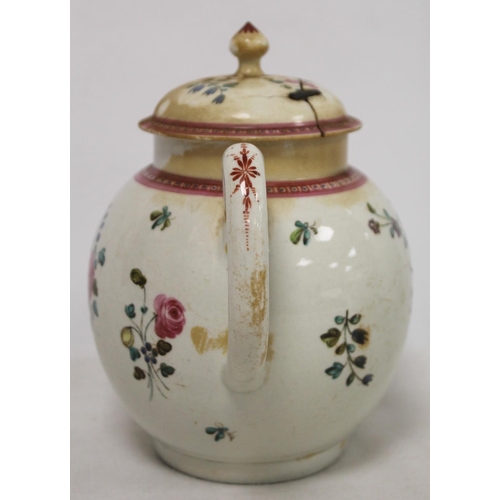 526 - 18th century English porcelain teapot of globular form decorated with polychrome enamel floral spray... 