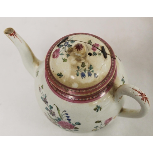 526 - 18th century English porcelain teapot of globular form decorated with polychrome enamel floral spray... 