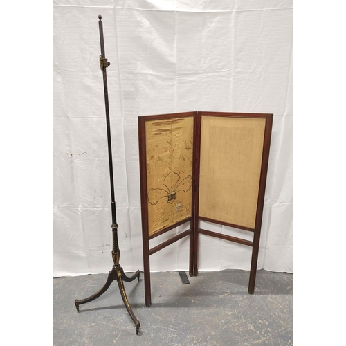 532 - 19th century ebonised wood pole screen stand on a tripod base; also a mahogany and silk two section ... 