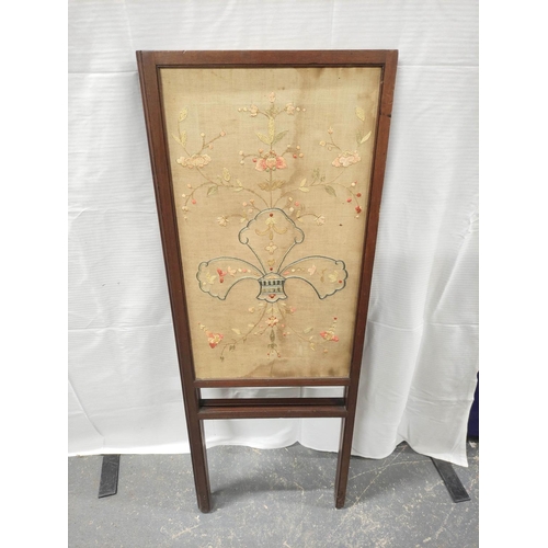 532 - 19th century ebonised wood pole screen stand on a tripod base; also a mahogany and silk two section ... 