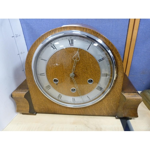 10 - Oak cased mantel clock, tea barrel with cover, pair of wooden clogs and a modern musical japanned je... 