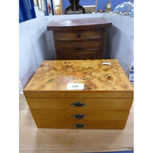 100 - Modern maple veneered jewellery chest and another, similar, modelled as a chest of drawers.