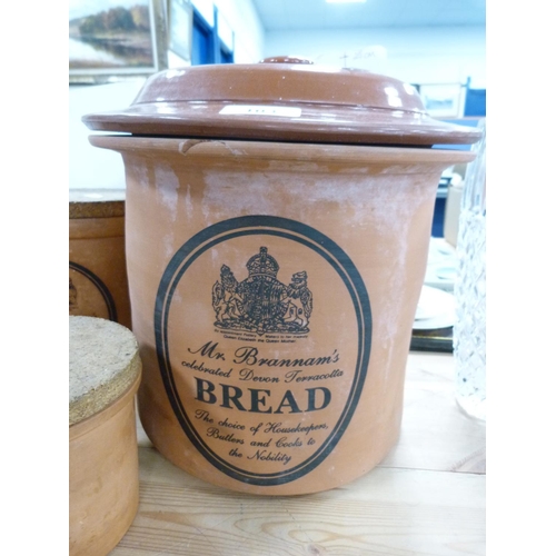 103 - Terracotta bread crock, 'Mr Brannam's Celebrated Devon Terracotta' with associated lid, a similar bi... 