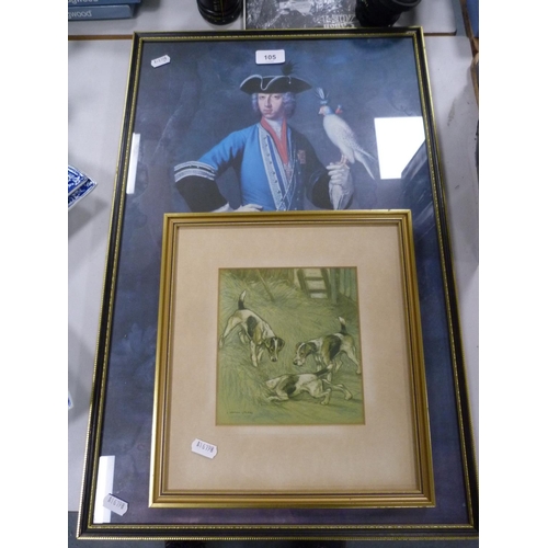 105 - Print of a nobleman with a parrot perched on his left hand and a Vernon Stokes print of dogs.  (2)