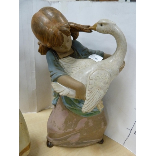 109 - Matt glazed Lladro figure of a girl with a basket, another of a girl holding a swan and a similar Sp... 