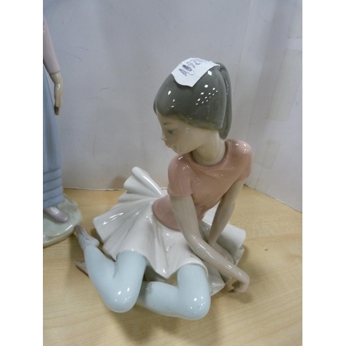 110 - Lladro model of a seated ballerina, Lladro figure of a girl holding a child and another Lladro figur... 