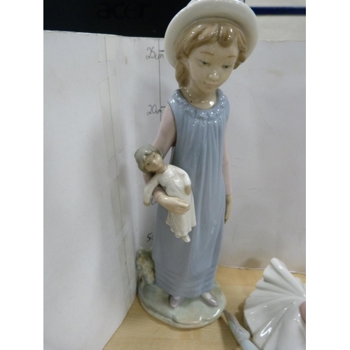 110 - Lladro model of a seated ballerina, Lladro figure of a girl holding a child and another Lladro figur... 