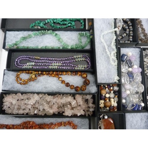 116 - Tray of costume necklaces including bead, malachite-style, jade-style, agate-style, amethyst-style.
