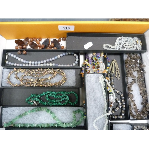 116 - Tray of costume necklaces including bead, malachite-style, jade-style, agate-style, amethyst-style.