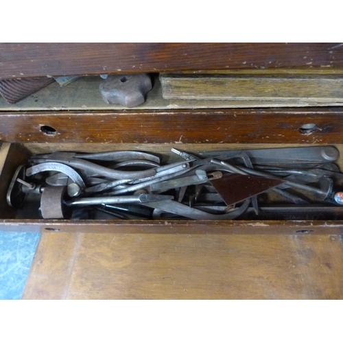 117 - Toolbox containing early 20th century and later wood-mounted tools including chisels, planes, some n... 