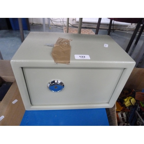 122 - Small Bisley filing cabinet and a small safe with key.