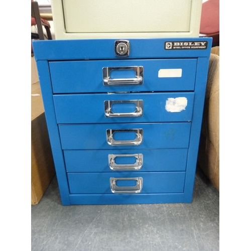 122 - Small Bisley filing cabinet and a small safe with key.