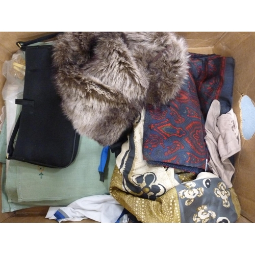 125 - Carton containing linen, napery, fur hat, gloves, scarves etc.