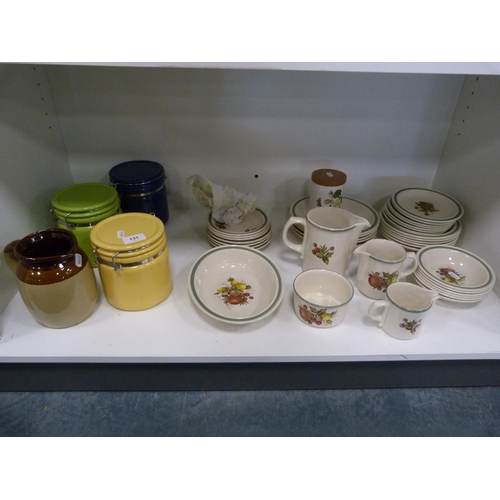131 - Painted pottery storage jars, part Wedgwood 'Covent Garden' dinner service, stoneware milk jug, Port... 