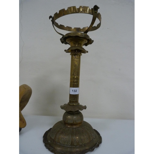132 - Table lamp mounted on a sheep's horn and a brass oil lamp stand converted to a table lamp.  (2)
