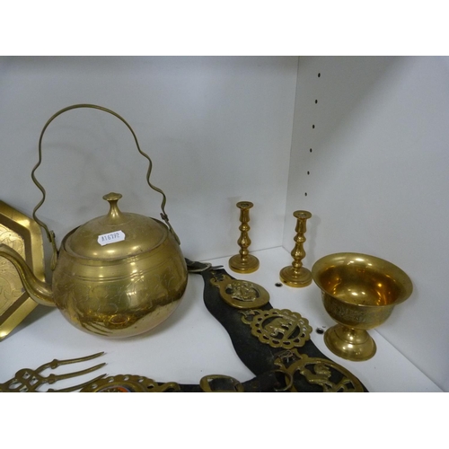 138 - Brassware including horse brasses, jardinières, tray, kettle, ornaments etc (one shelf).