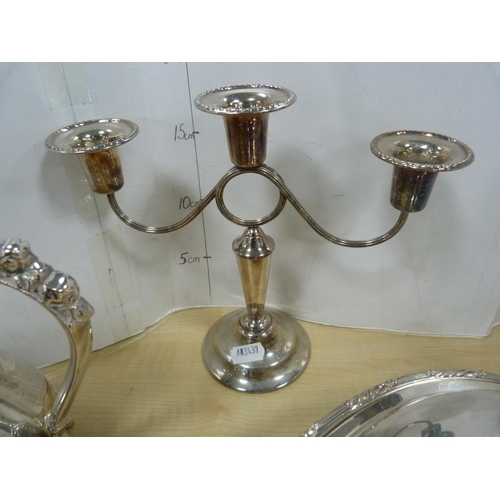 14 - EP to include two entrée dishes, cake frame, goblets, three-sconce candelabrum, teapot, cream jug, s... 