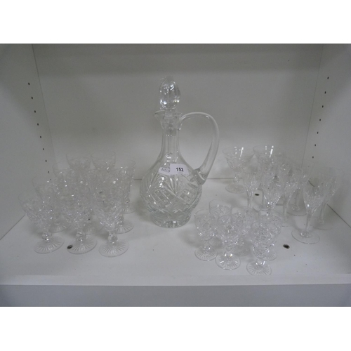 152 - Crystal decanter with stopper, set of ten glasses, set of six liqueur glasses and other liqueur glas... 