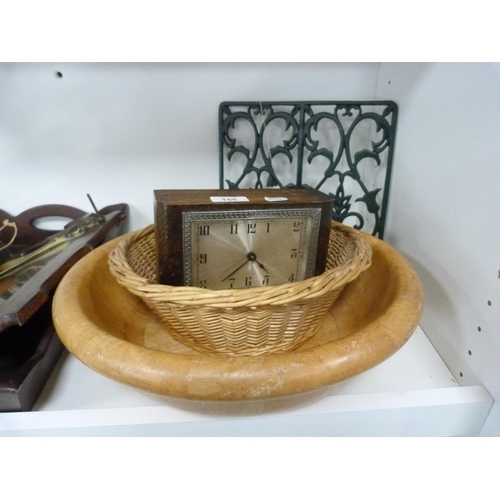 155 - Mantel clock, burr wood bowl, mirror and brush rack, tray, painted iron book stand, pair of Willow p... 
