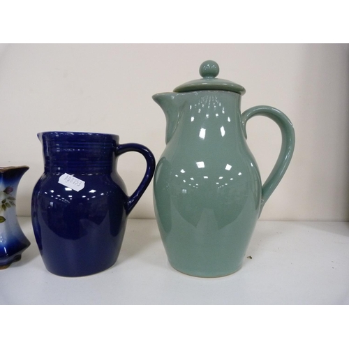 158 - Denby stoneware green glazed water jug and cover, blue glazed water jug and a set of three Staffords... 